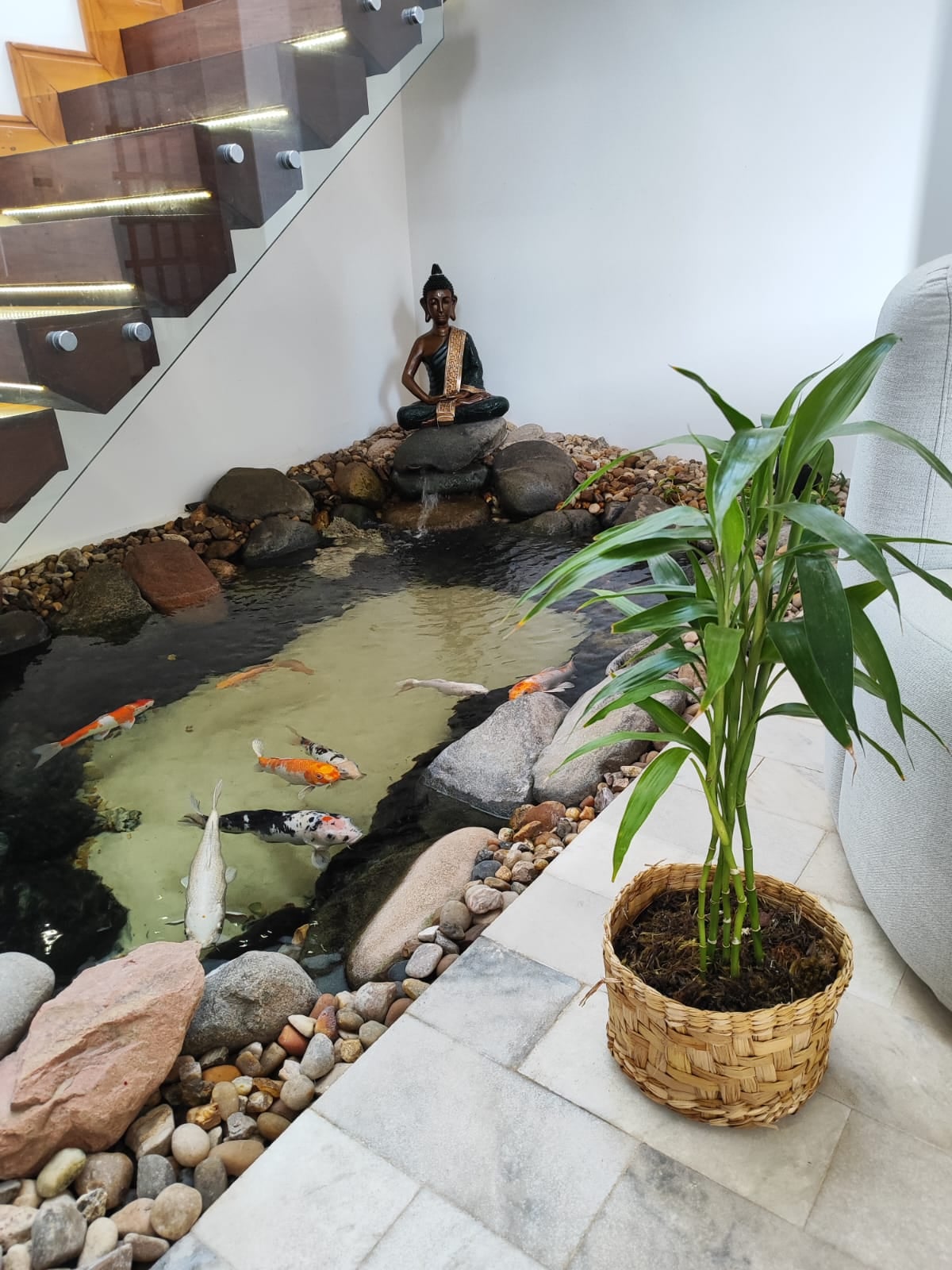 Ambiente zen com lago de carpas